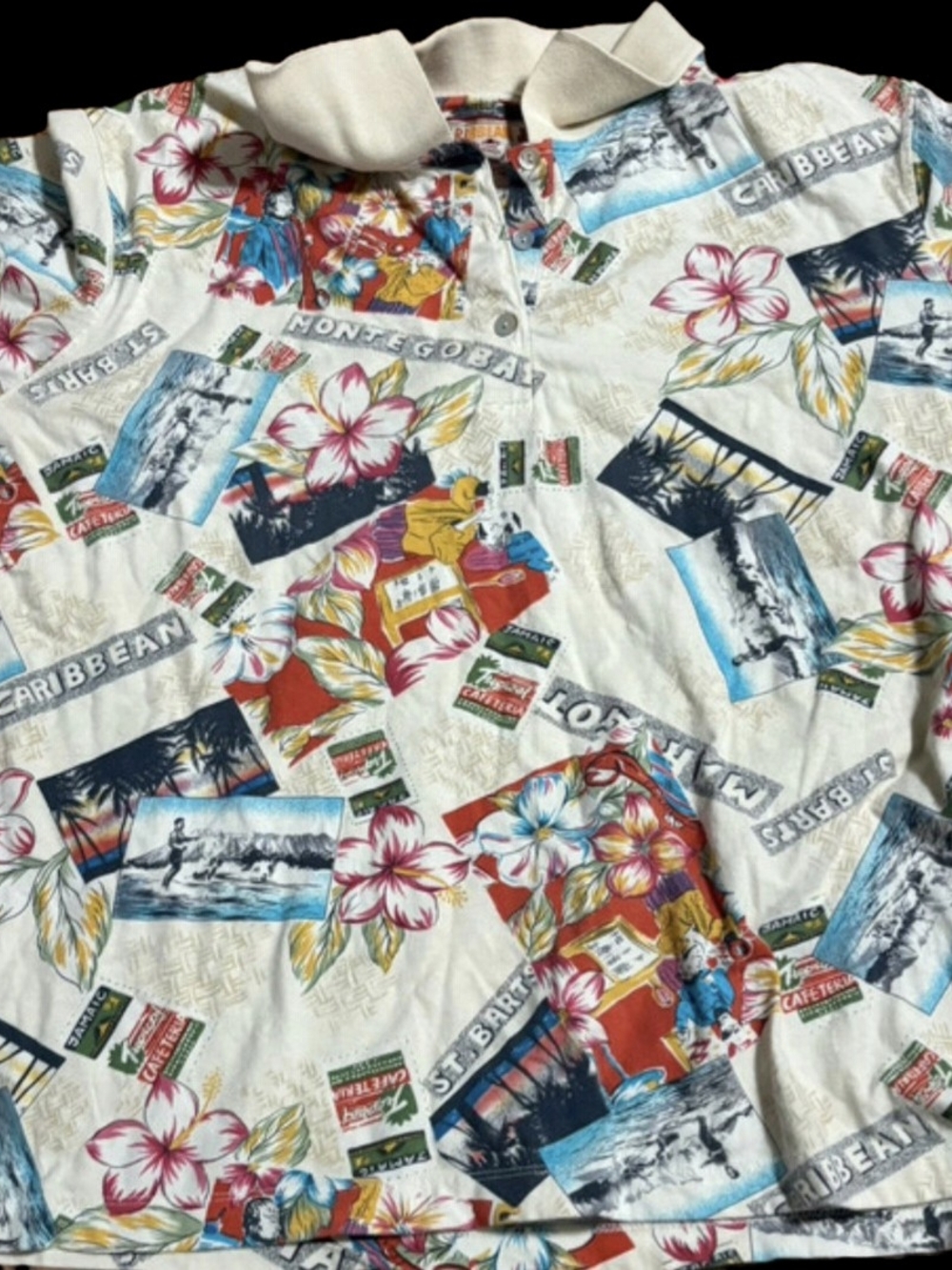 Caribbean Joe White Multi Tropical Postcard Polo